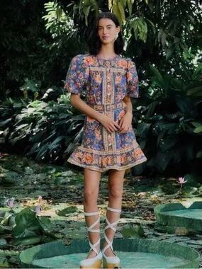 FARM Rio Blue Floral Belted Mini Dress with Peach Accents